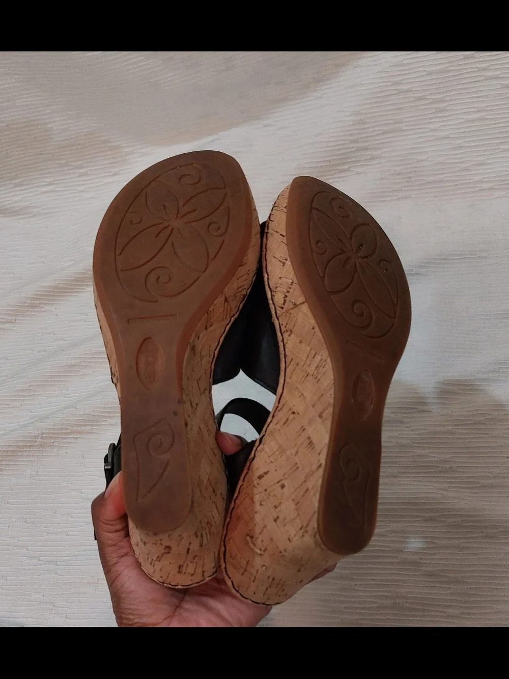 Born Black Leather Wedge Sandals with Cork Heel Women's Size 10M